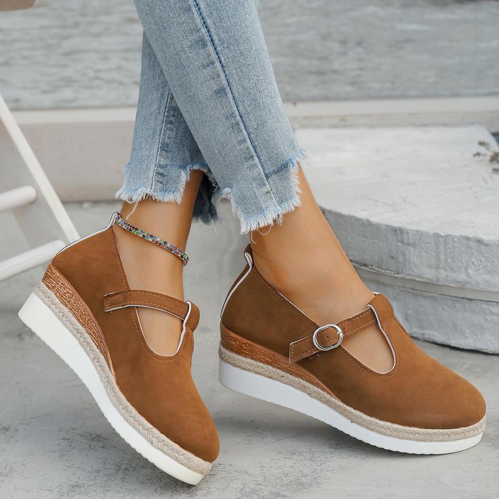 2025 New Women's Large Size Wedge Heels with Spring/Autumn Scarf Buckle & Hemp Sole – European/American Roman Style