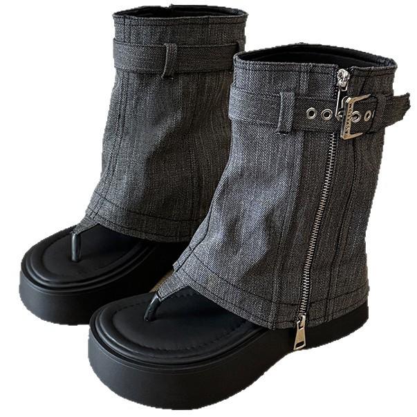 Niche designer jeans tube boots women's summer new thick-soled fashion buckle tooling boots handsome Martin boots