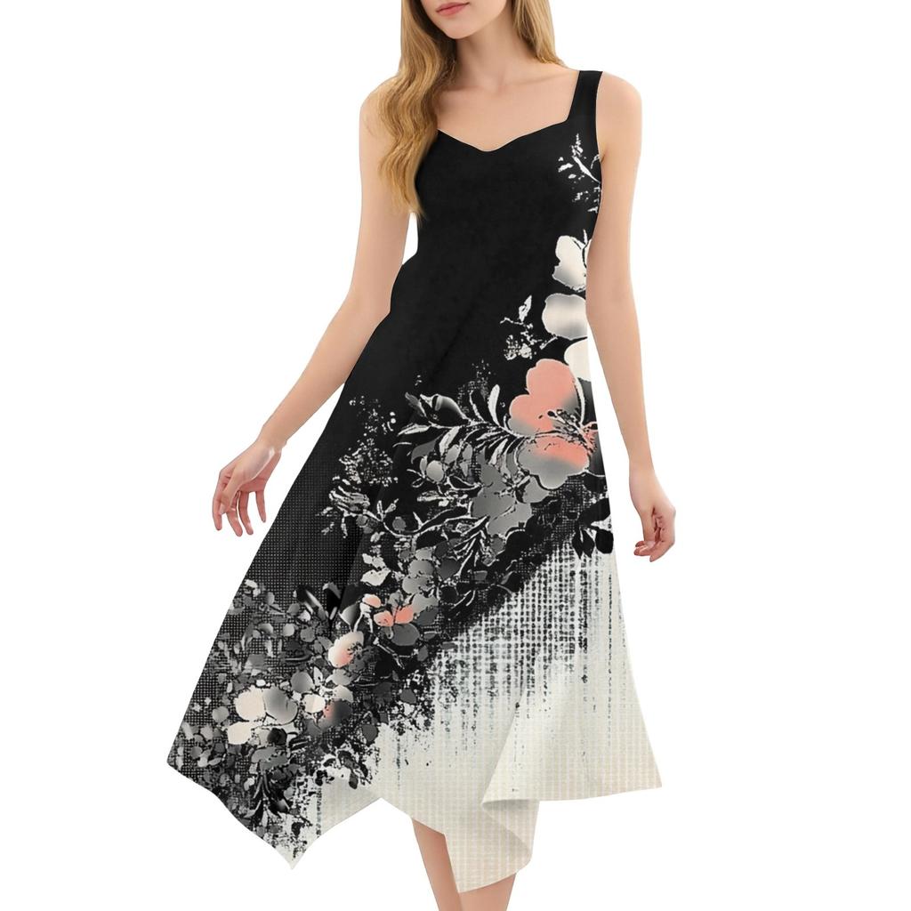 Women's Casual Fashion Round Neck Sleeveless Print Irregular Hem Midi Dress