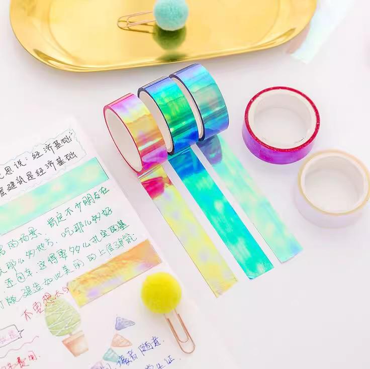 Colorful Gradient Laser Tape & Rainbow Film Stickers for DIY Journals and Cards