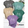Women's Short-sleeved Round-neck T-shirt with Line Lettering, Bicycle Line Design, English Lettering, Casual Style, Cute Summer wear5Packaged