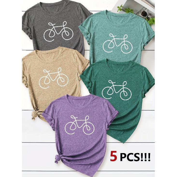 Women's Short-sleeved Round-neck T-shirt with Line Lettering, Bicycle Line Design, English Lettering, Casual Style, Cute Summer wear5Packaged