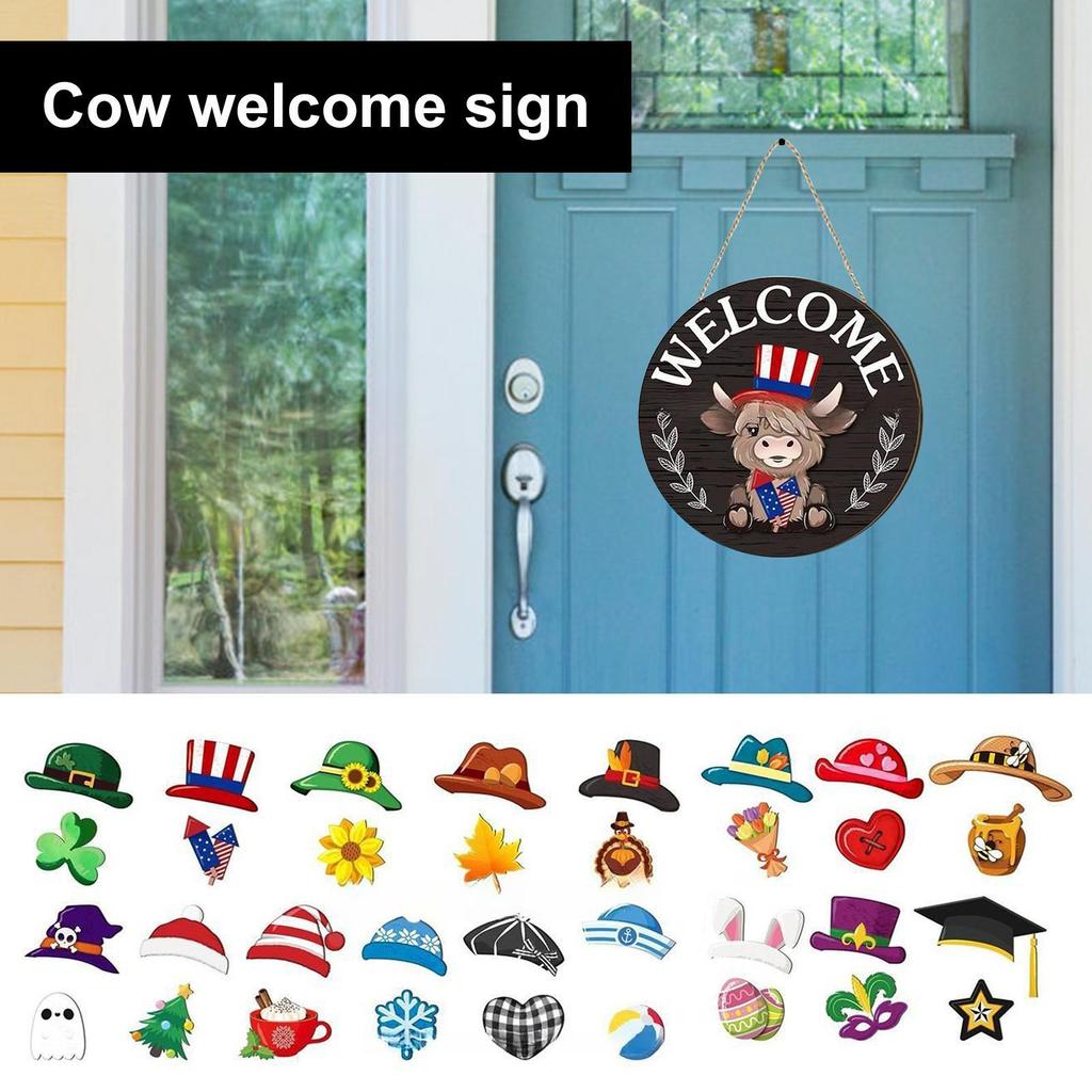 Outdoor Welcome Sign Magnetic Cow Welcome Sign Set Seasonal Decoration Rustic Home Decoration For Fall Holiday Christmas