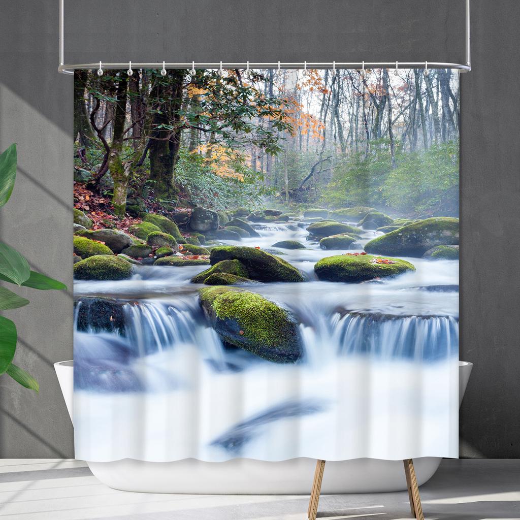 Bathroom Waterproof Curtain Digital Printing Landscape Waterfall Shower Curtain Free Punching Toilet Partition Curtain Shower Cloth