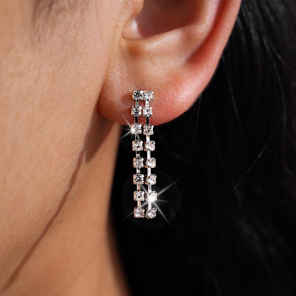 European & American Luxury Rhinestone Tassel Earring and Necklace Set