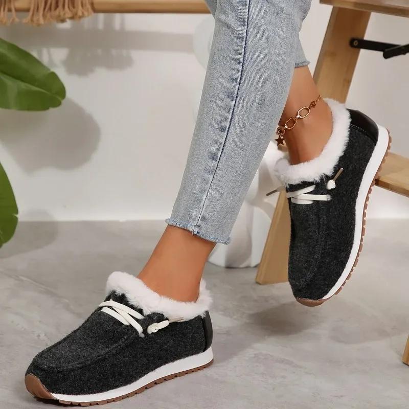 Fashion 2024 Hot Sale Shoes Female Lace Up Women's Flats Winter Round Toe Plush Fleece for Warmth Flat Casual Comfortable Snow Boots