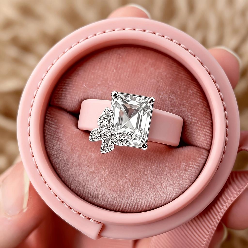 Women Pink Silicone Ring Butterfly With Radiant CZ, Hypoallergenic Daily Sport Wedding Band