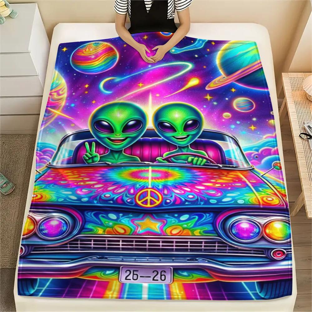 1 szt. Koc flanelowy z nadrukiem UFO i kosmitów, Wysokiej jakości, Wygodny na wszystkie pory roku, Wystrój domu, Ciepło i komfort, Idealny na prezenty