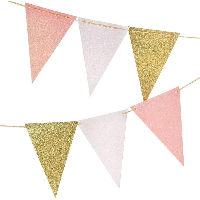 10 Fuß Rosa Weißgold Papier Dreieck Girlande Flagge Wimpelkette Wimpel Banner für Hochzeit Brautparty Geburtstagsfeier Heimdekoration