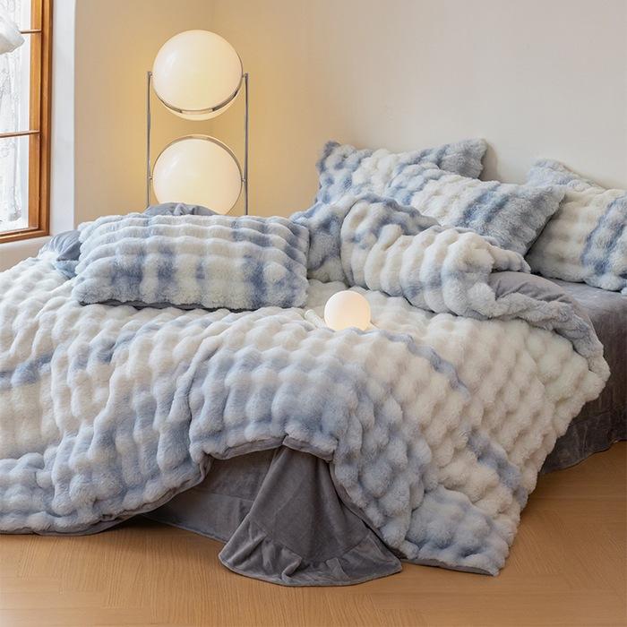 Rabbit Fleece Four-Piece Light Luxury Thickened Milk Fleece Bed Warm Double-Sided Fleece Quilt Cover Mattress Model