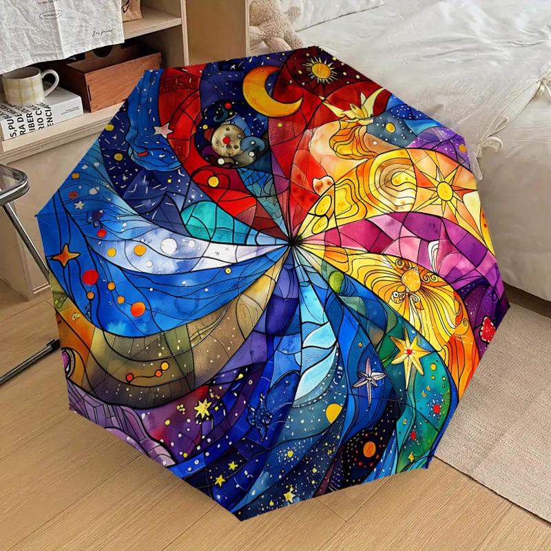 1PC Stained Glass Mandala Automatic Open/Close Umbrella with Windproof, 8-Rib Sturdy Canopy, Durable Ribs, Fashionable Design,1255A