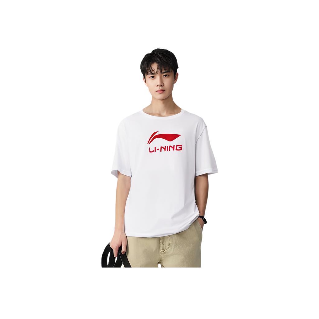 Li Ning Badminton Series Letter Logo Print Quick-Dry Cool Short Sleeve T-Shirt Unisex Tops Standard-White ATSU493-2