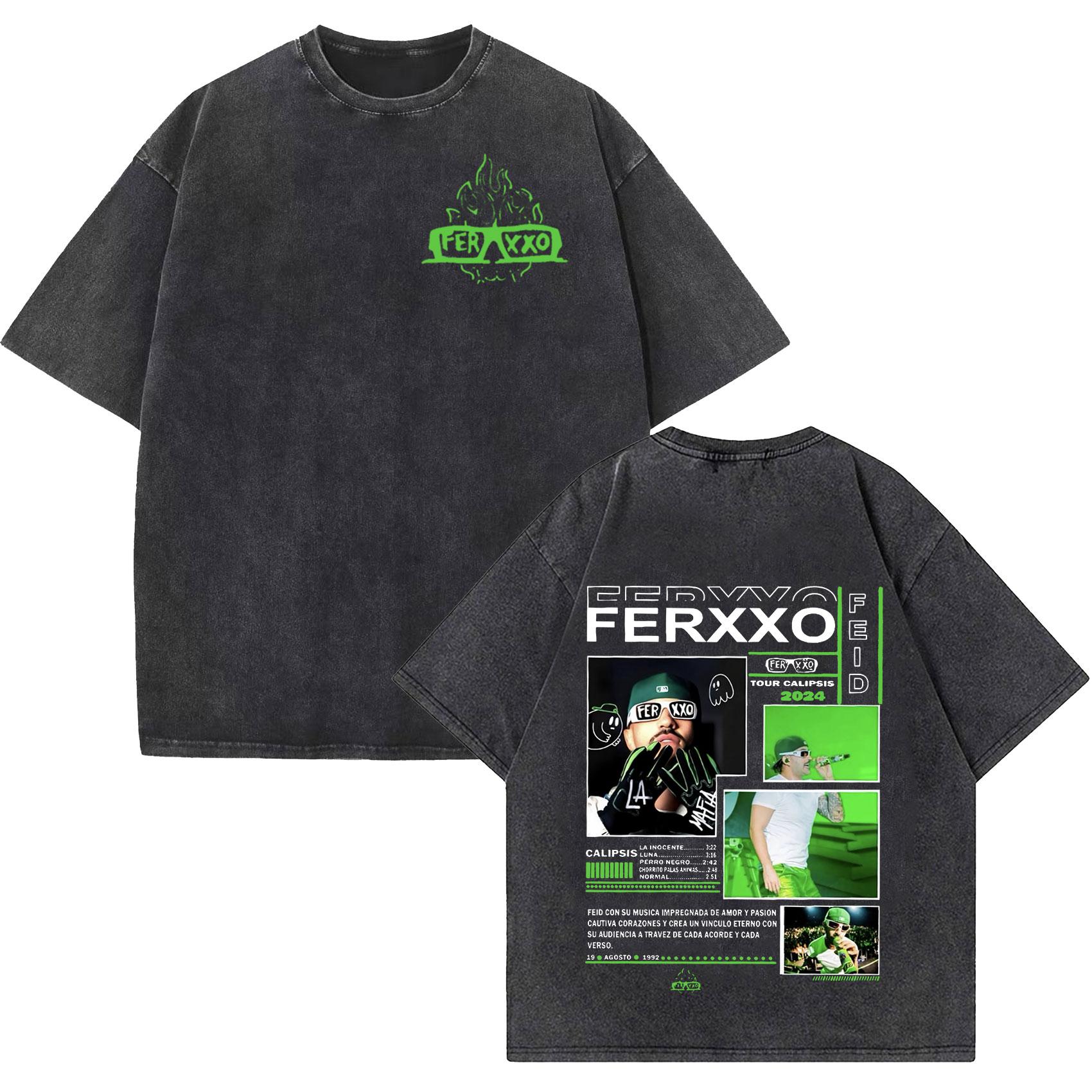 

Rapper Feid Ferxxo World Tour Vintage Washed Tee Shirt Unisexs Rock Hip Hop Gothic Short Sleeve Tshirts Unisex Women Streetwear 2XL