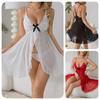 Lace Patchwork Mesh Nightgown Deep V Ruffle Bow Multi-Color Sexy Pajamas 656 Playful Romantic Sleepwear with Sweet Ruffle Bow Accents