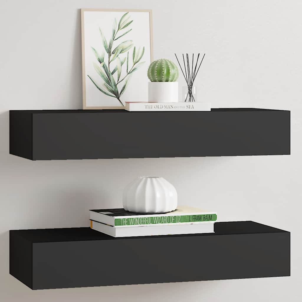 Vidaxl Wall Shelves with Drawer, 2 Pcs, Black, 60X23.5X10 Cm, Mdf