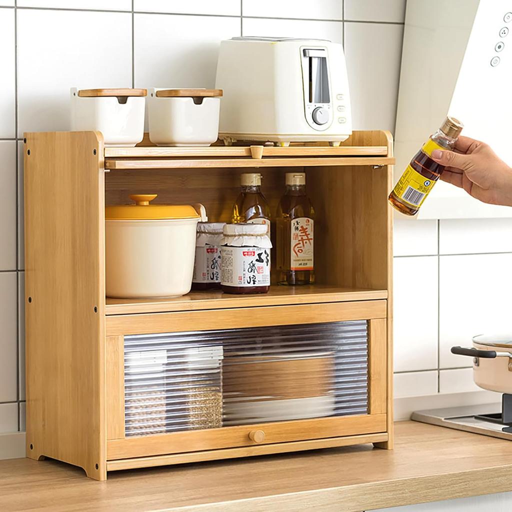 2 Tiers Storage Cabinet with Handles, Tabletop Storage Organizer with Large Storage Capacity Modern Sideboard with Acrylic Doors