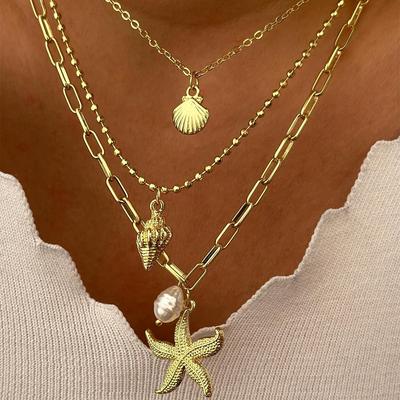 Boho Y2K Wielowarstwowy Kryształowy Naszyjnik Łańcuszkowy dla Kobiet Gwiazda Księżyc Słońce Rozgwiazda Muszla Muszla Ślimaka Wisiorek Choker Biżuteria Akcesoria