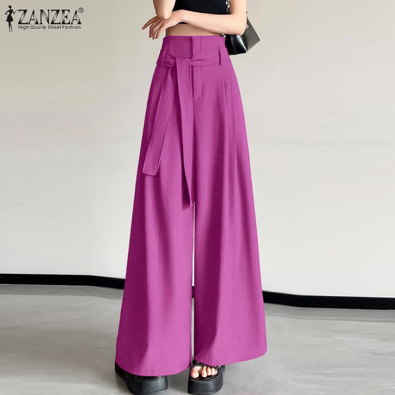 ZANZEA Womens Casual Elastic Waist Solid Color Loose Wide Leg Pants