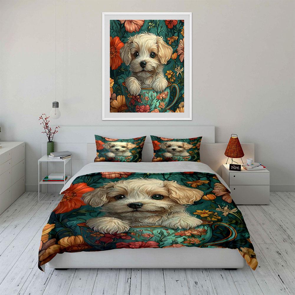 Floral Puppy Decor Set Soft Comfortable Duvet Cover Bedding Set Included 1*Duvet Cover & 2*Pillowcases, Gift