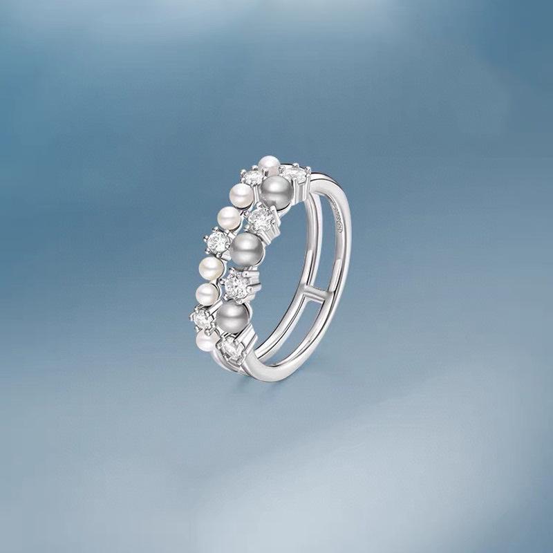 Howfang Bubble Double Layer Pearl & Zircon Sterling Silver Ring - Women's Light Luxury I-Shaped Index Finger Jewelry.