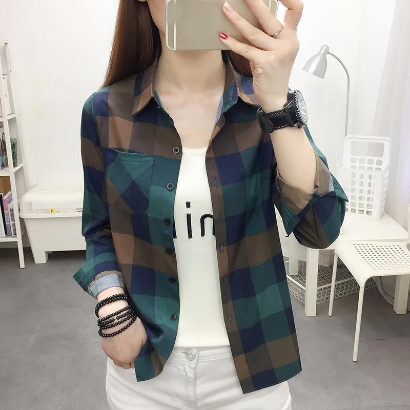 Women Shirt Long Sleeve All Match Single-breasted Casual Soft Dressing Up Polyester Plaid Print Women Shirt Top Female Clothing