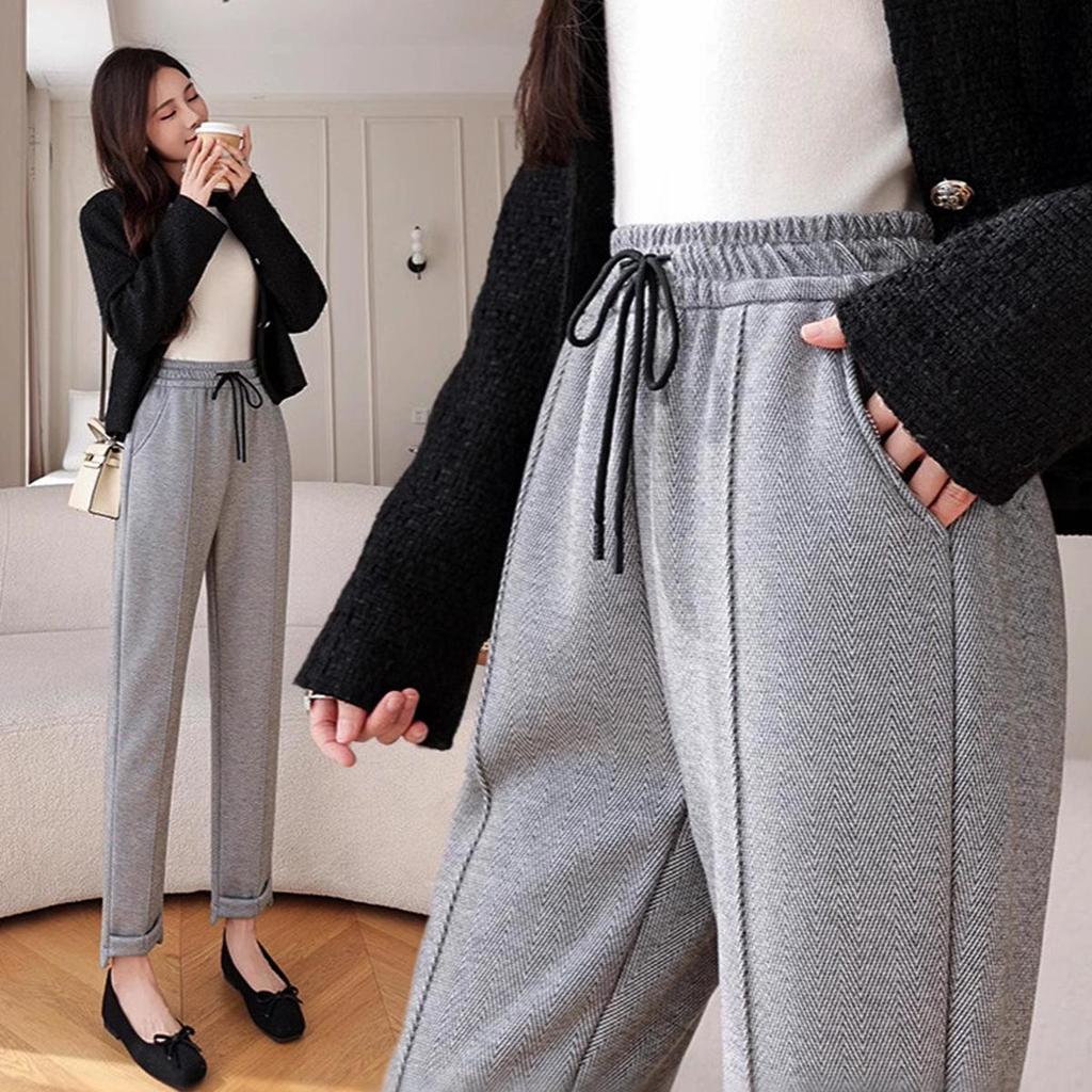 Women's High Waist Fleece Lined Woolen Warm Carrot Pants
