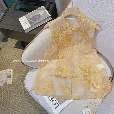 2024 Women's Spring/Summer National Style Embroidered Organza Vest with Stand Collar