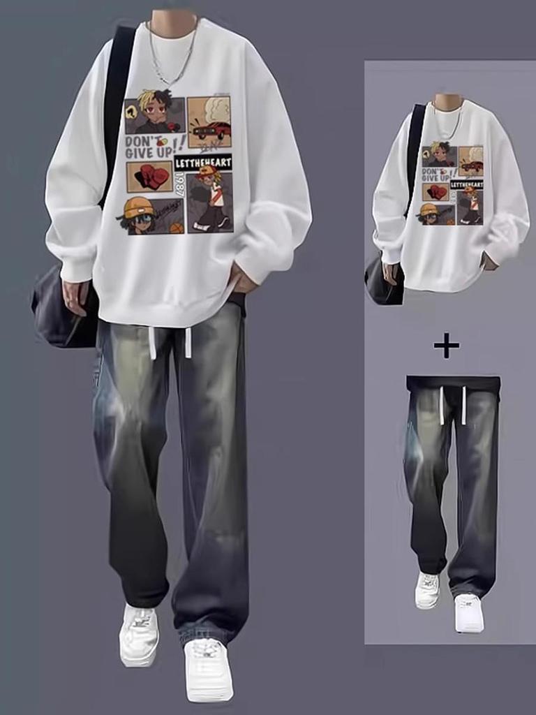 Men's Trendy Autumn/Winter Sweatshirt & Jeans Two-Piece Set for Teen Students