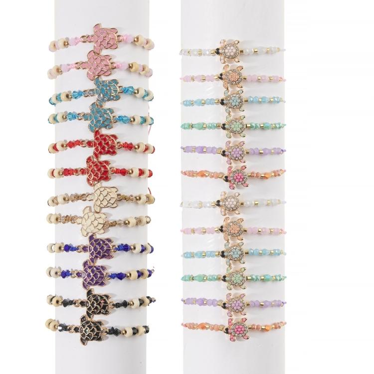 Pack of 12 Adjustable Handcrafted Turtles Bracelet Set Fashion Wristbands with Turquoise Crystal Wood Bead Details