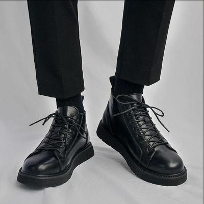 Autumn Cowhide Black High Top Handsome British Motorcycle Leather Shoes Hong Kong Style Workwear Trendy Shoes