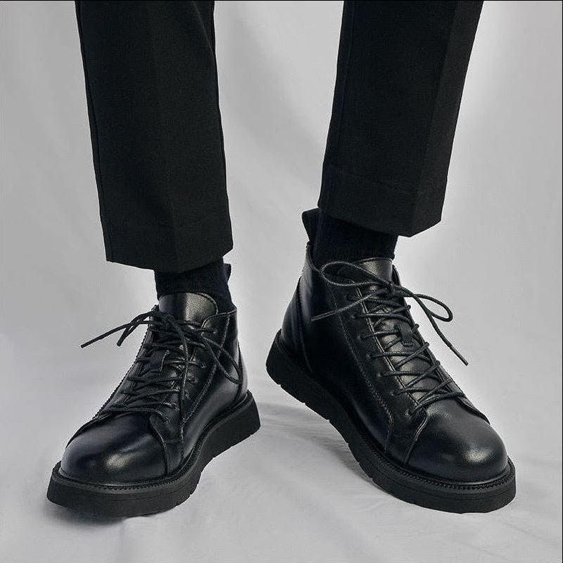 Autumn cowhide black high top handsome British motorcycle leather shoes Hong Kong style workwear trendy shoes 37
