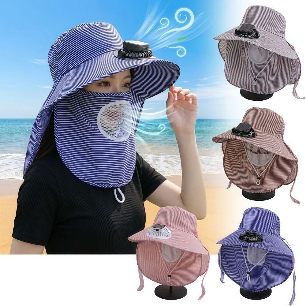 Langlebige Solarventilator Gesichtsmaske Sonnenhut 300mA Breiter Rand Fischerhut UV-Schutz Vollumhüllend Teeernte Arbeitsmütze Sommer Unisex