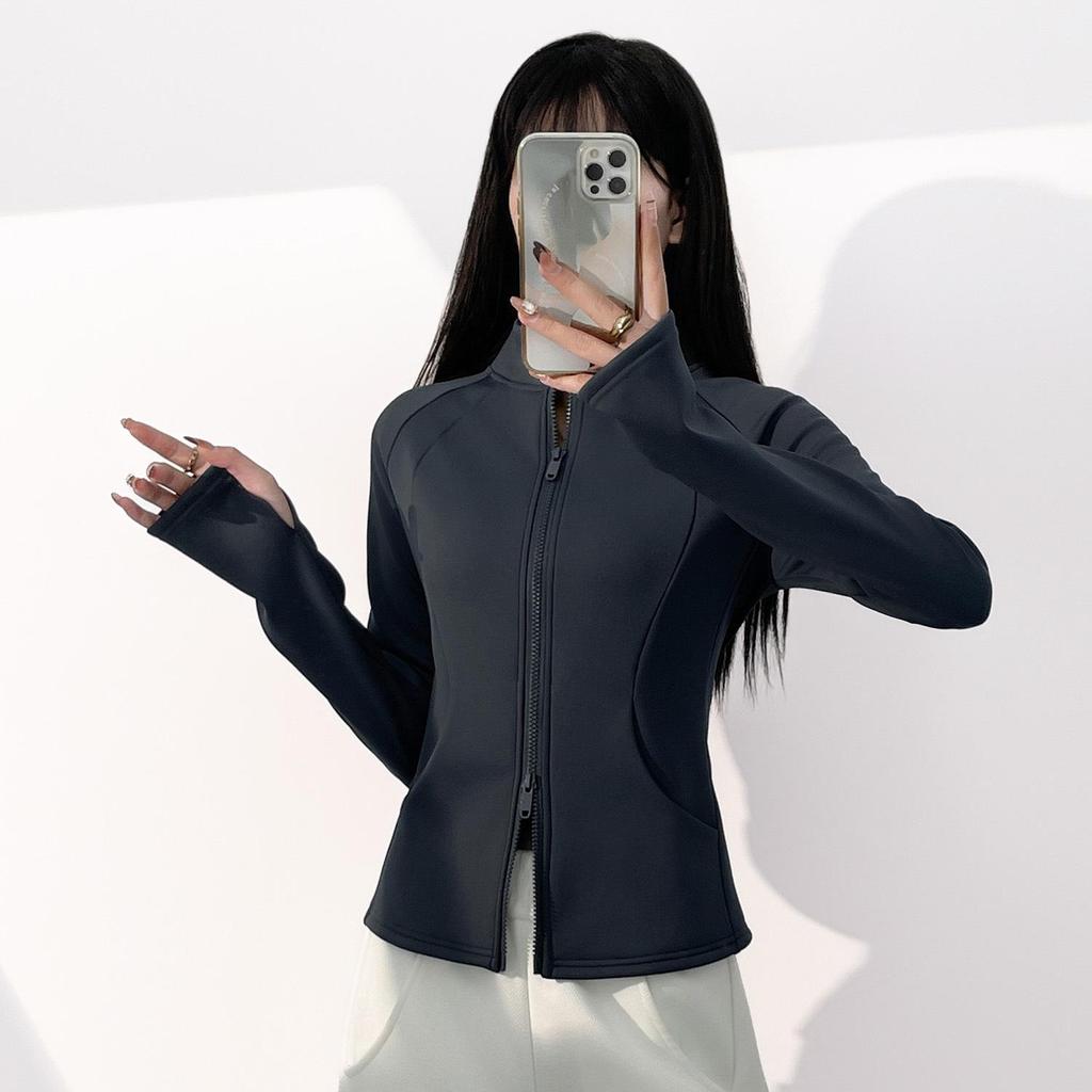 Juyitang Pfirsichsamt Stehkragenjacke – Warme, Dicke, mit Taschen versehene Yogabekleidung für Herbst und Winter