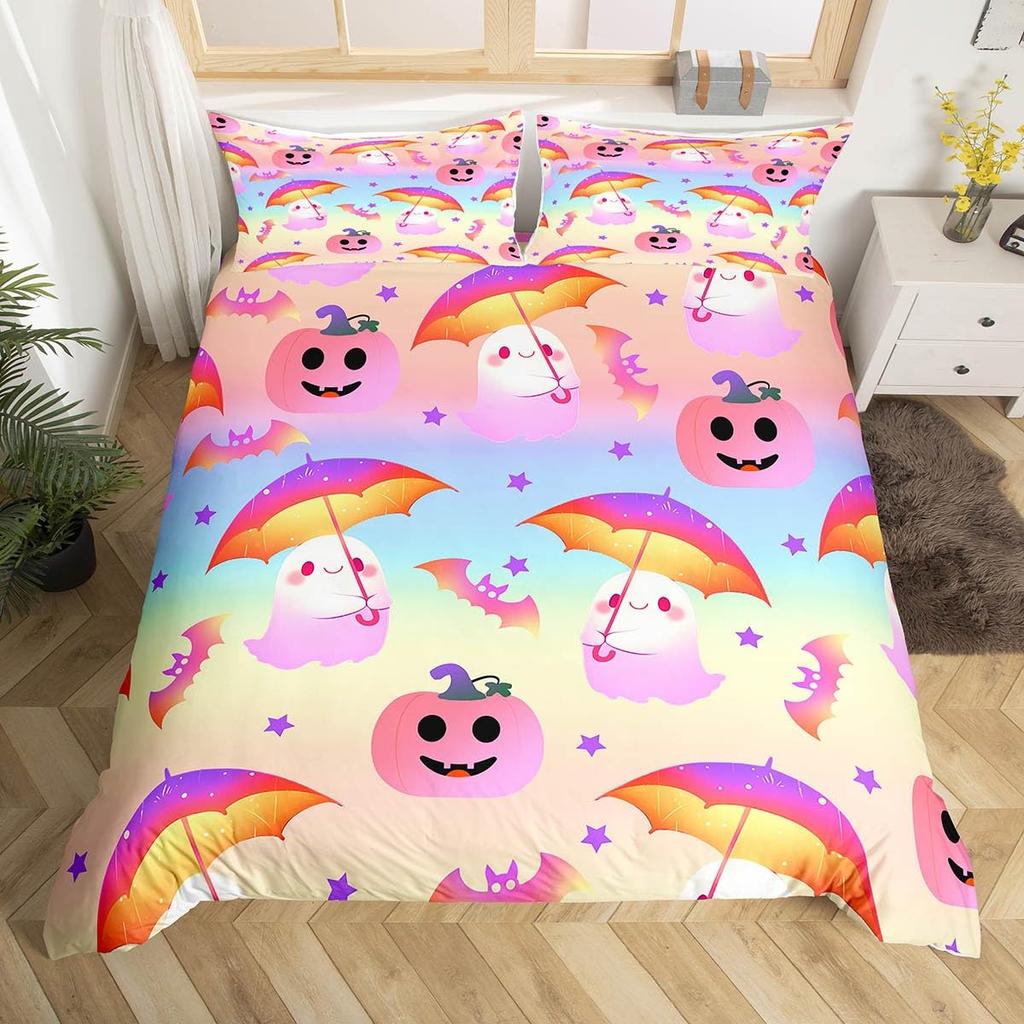 Cute Ghost Duvet Cover Twin King Halloween Bedding Set For Kids Girl Microfiber Horror Theme Comforter Cover With 2 Pillowcases