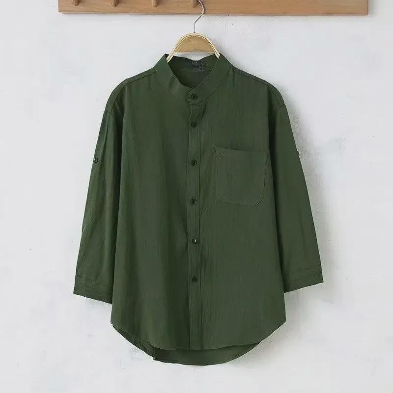 

Мужская повседневная летняя льняная рубашка с рукавом три четверти и воротником-стойкой 2XL