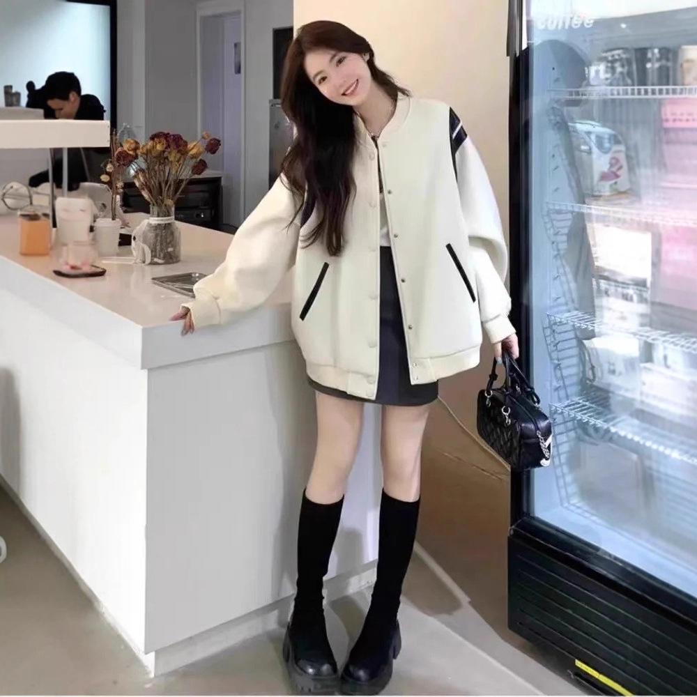 Women's Short White Fleece-Lined Baseball Jacket - High-End Korean Style, New Autumn/Winter 2025 Arrival