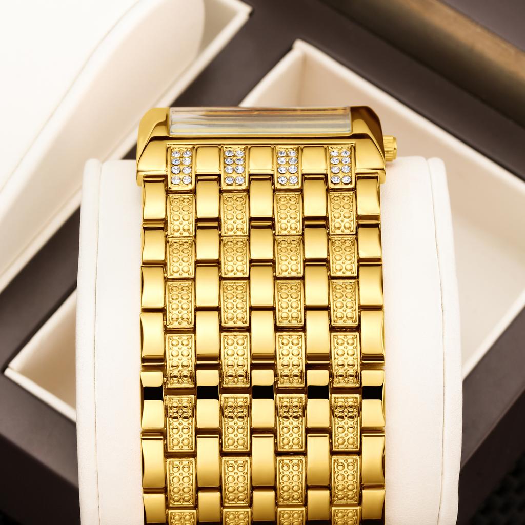YaLaLuSi Brand Best New Women's Watch Square Gold Case Silver Dial Crystal Diamonds Luxury Ion Plating Gift Set