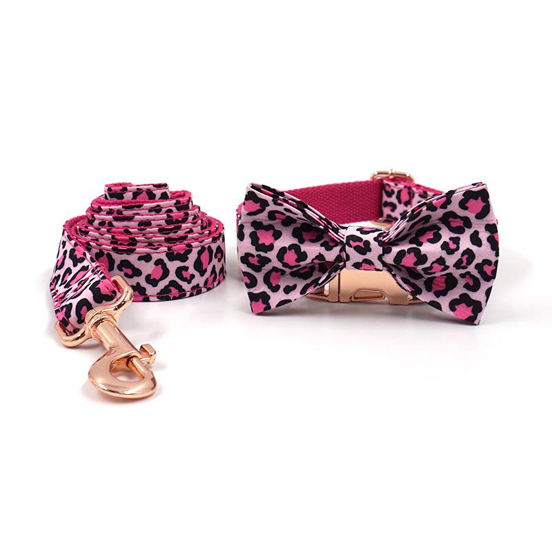 Classic Pink Leopard Print Pet Collar & Leash Set with Rose Gold Bow Tie S