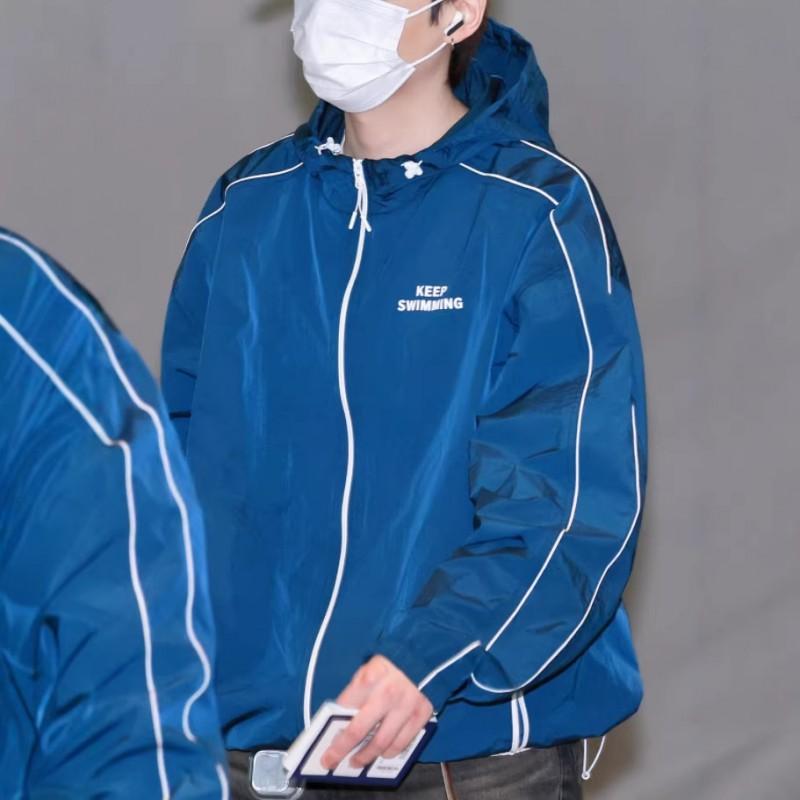 BTS V JIMIN Same Style Blue Hooded Zip Sweatshirt Casual Loose Long Sleeve Jacket Youth