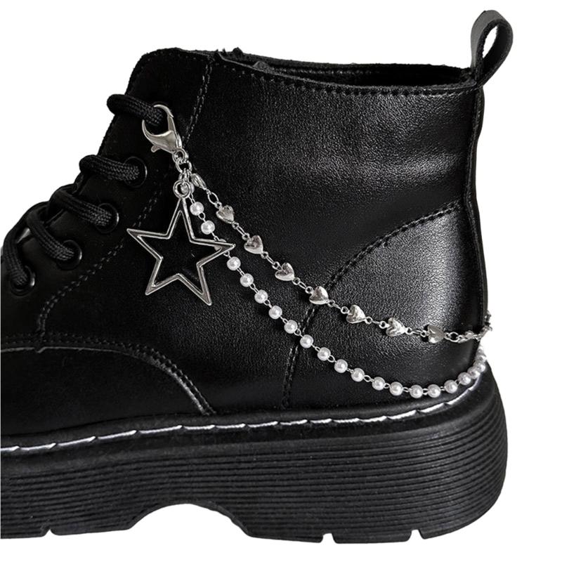 Doppellagige Schuhkette Canvas Schuhe Ketten Punk Stil Stern/Herz Perlen Schuhschnallen Schmuck Trendy Y2k Accessoires