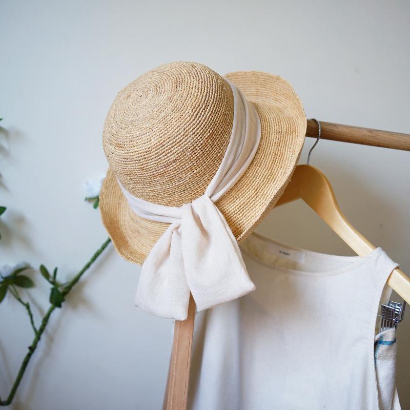 

Japanese Elegant Bow Thin Lafite Crochet Flanged Basin Hat Women S Summer Leisure Vacation Travel Sun Protection Big Straw Hat M（56-58cm）