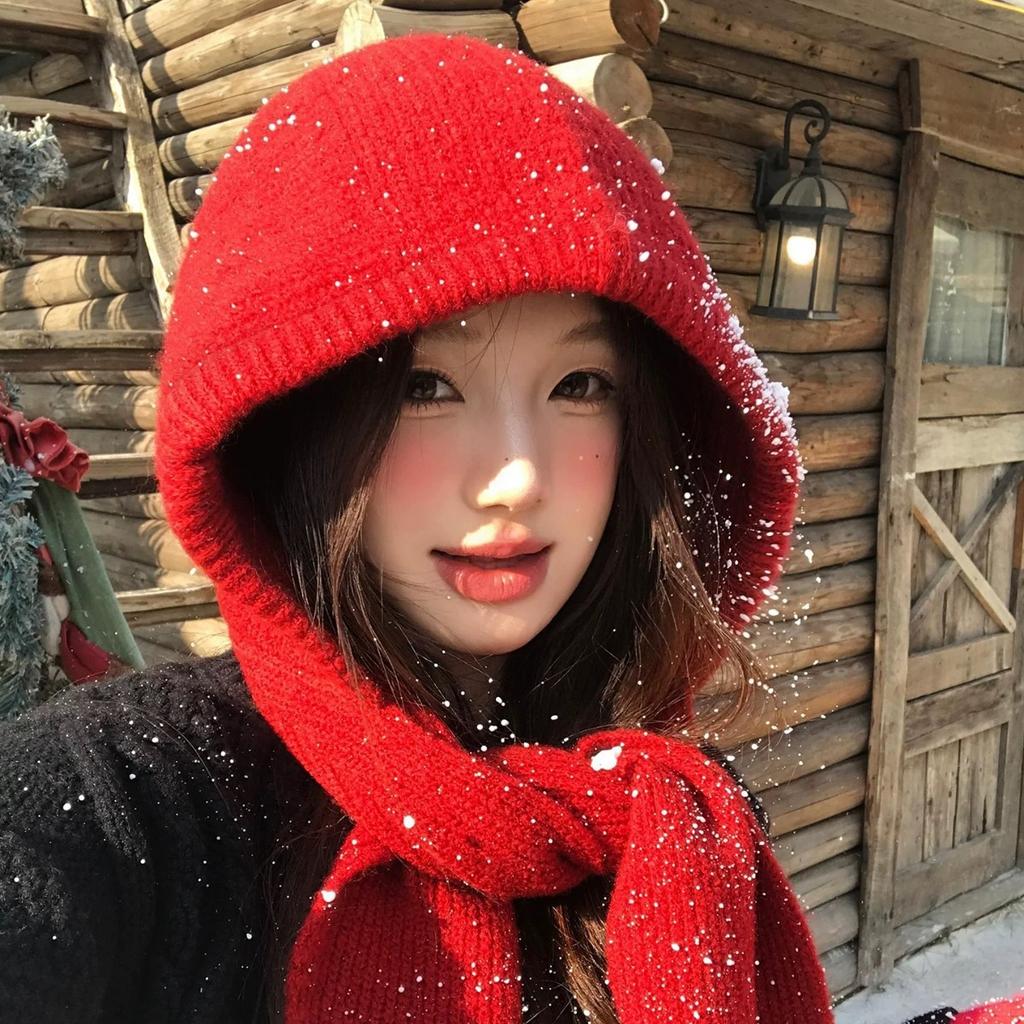Red balaclava hat women's autumn and winter warm wool hat scarf integrated hooded scarf knitted hat winter