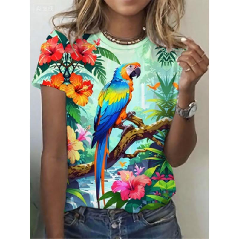 Summer Parrot Print T-Shirt for Women Crew Neck Casual Top Breathable & Machine Washable