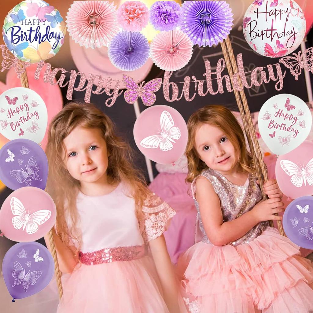 Butterfly Birthday Party Decorations Supplies, Pink & Purple Butterfly Birthday Decorations Include Paper Fans Foil Balloons Happy Birthday Banner