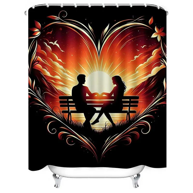 Romantic Heart Shower Curtain - Couple On Bench At Sunset, Waterproof & Mildew-Resistant for Bathroom Decor, Unique Gift Idea