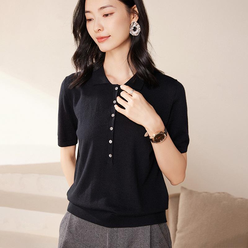 2024 Autumn Women's Cashmere Half-Button Slimming Sweater with Korean Style Five-Point Sleeves