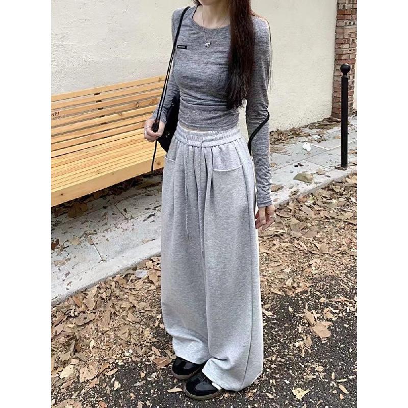 New solid color wide-leg pants, loose and drapey casual long pants for women, autumn drawstring straight pants