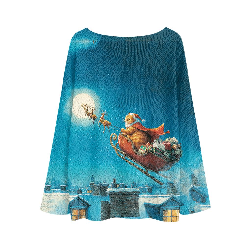 Maglia da donna alla moda a girocollo a maniche lunghe con stampa natalizia casual