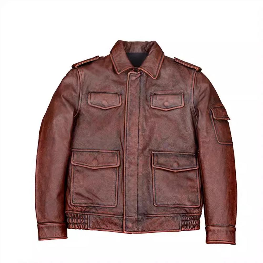 Chinese Size Brown Real Cowhide Hunting Leather Jacket Men Genuine Leather Coat Winter Pockets Jackets