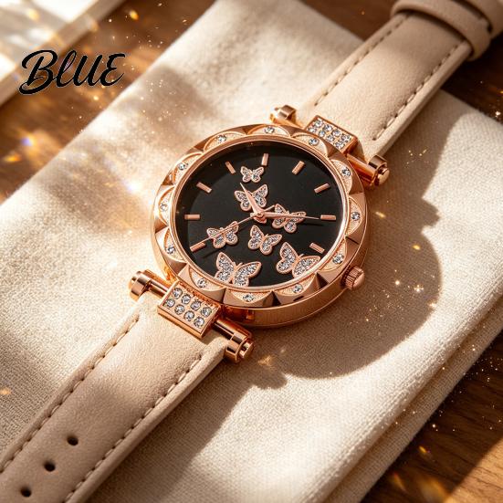 Ladies Watch Butterfly Artificial Leather Strap Quartz Rhinestone Casual Women